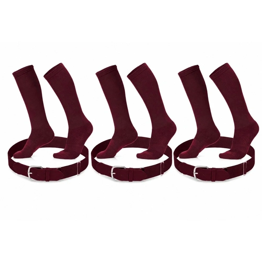 Game On Youth Baseball & Softball Socks and Belt Set Bundle of 3 Maroon Small